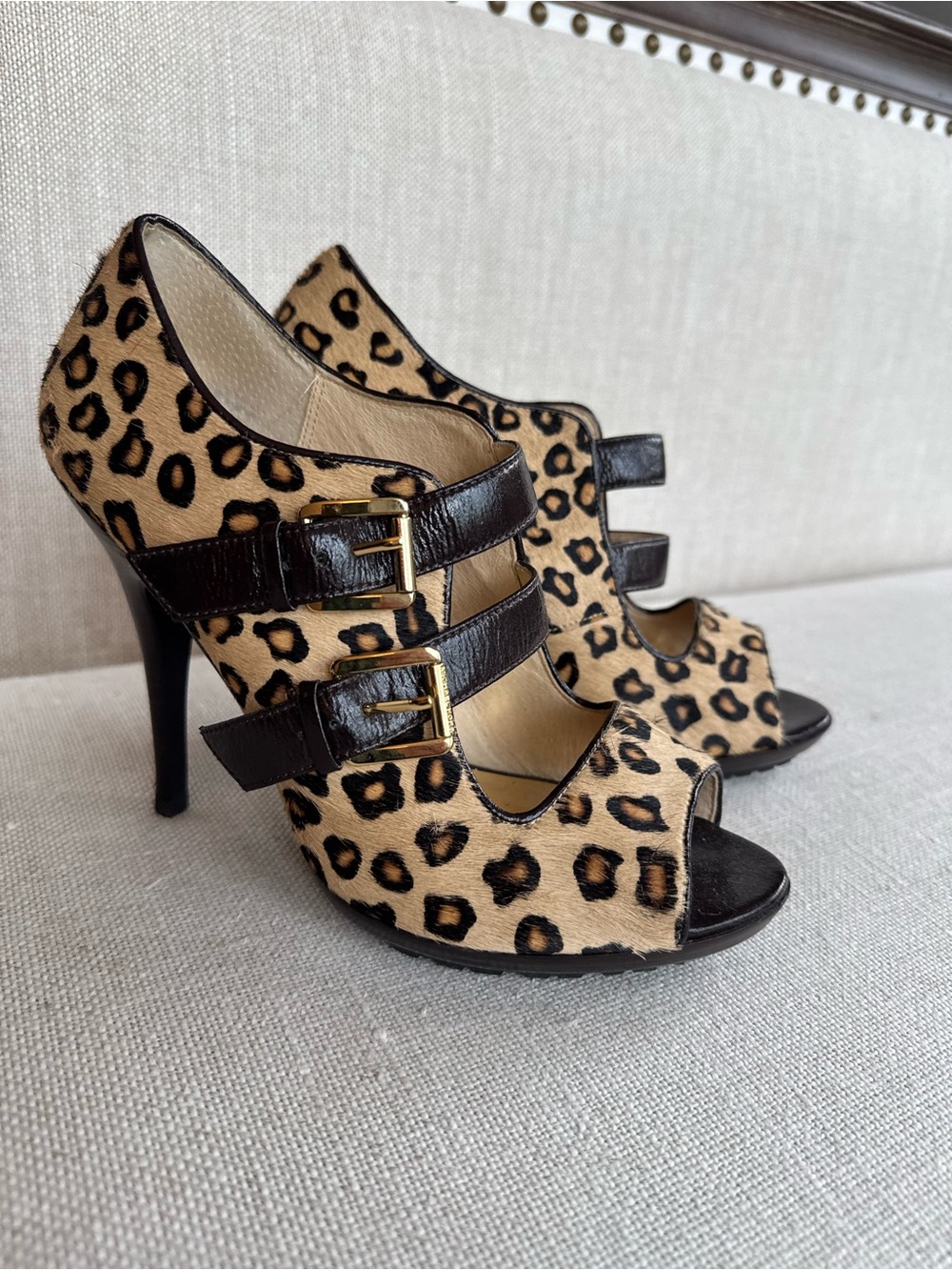 Michael Kors Leopard-Print Peep-Toe Heels with Brown Straps and Gold Buckles